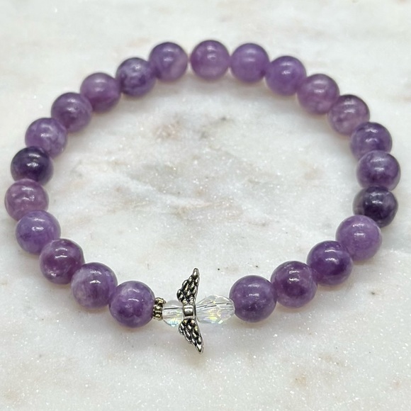 Lepidolite Natural Gemstone Bracelet - Angel Charm Bracelet - Picture 4 of 4